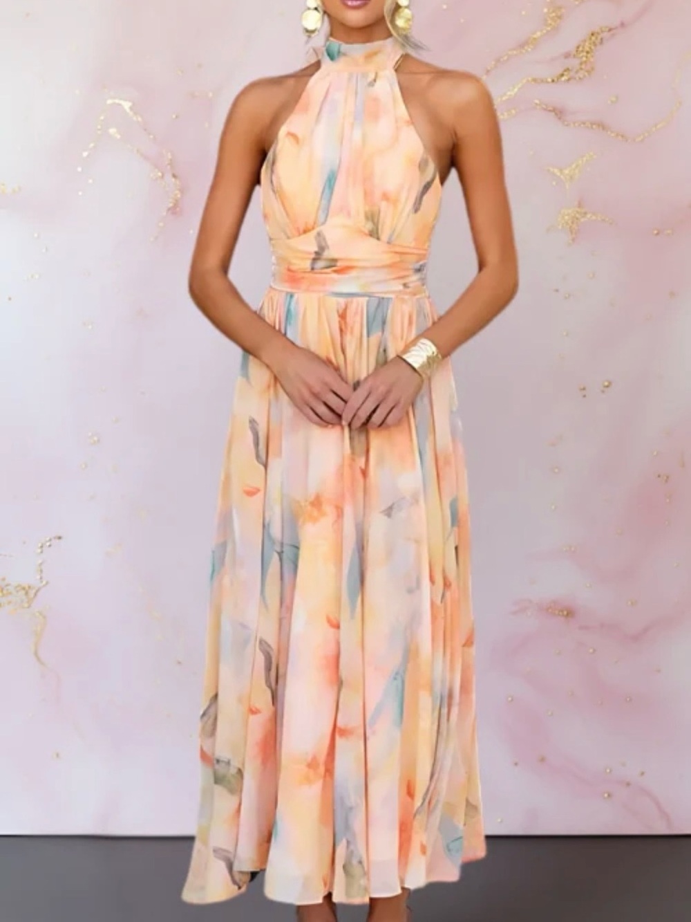 Halter Midi Dress in Peach Watercolor